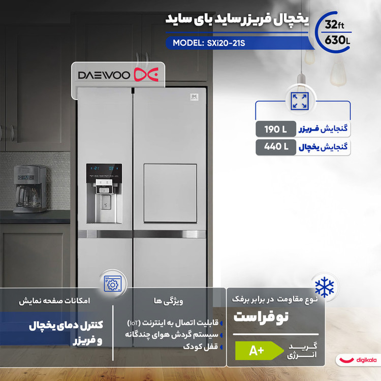 یخچال فریزر ساید بای ساید دوو مدل SXi20-21W ظرفیت ۳۲ فوت هوشمند با بار خانگی و یخساز اتوماتیک